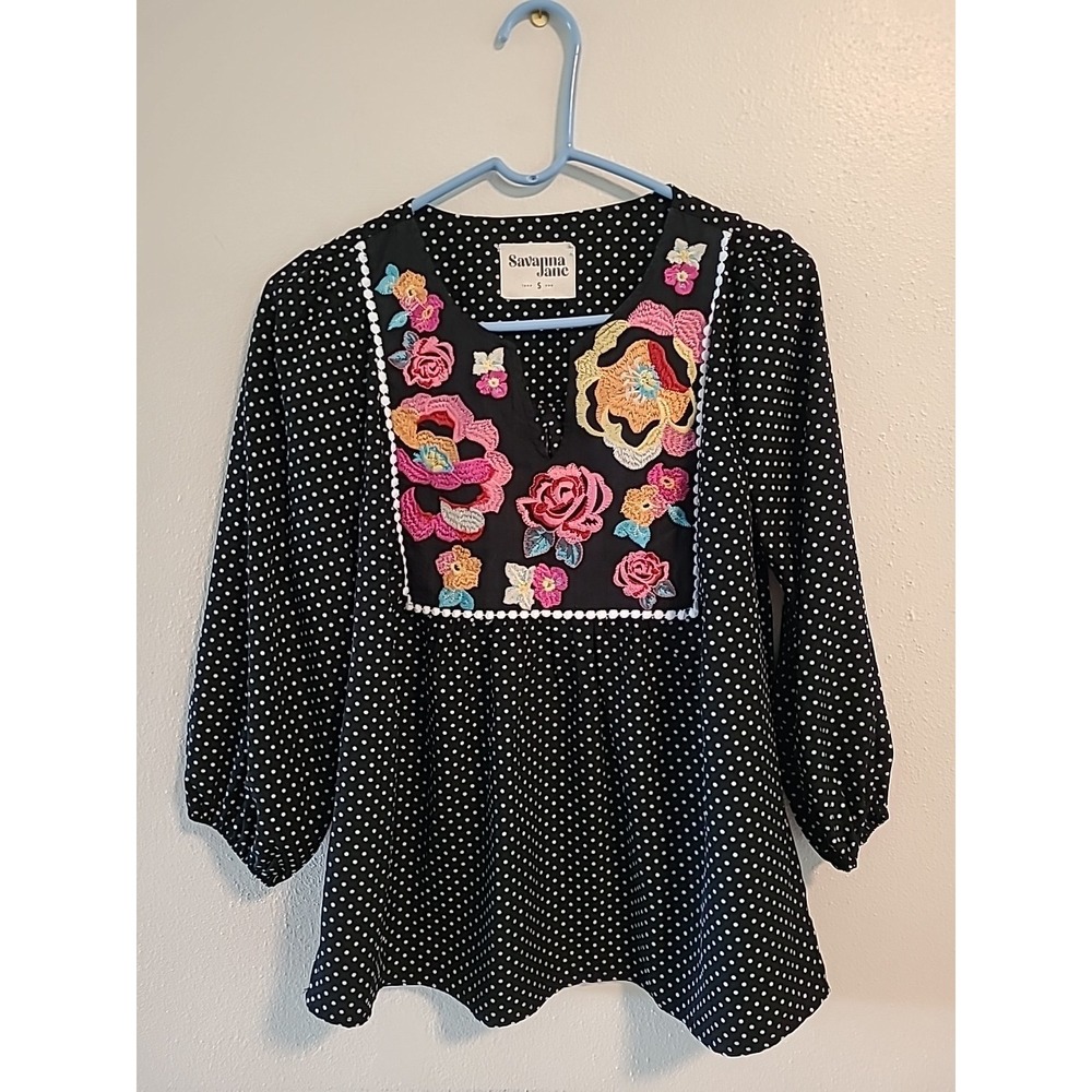 Savanna Jane Black White Polka Dot Embroidered Floral Bohemian Casual Tops S